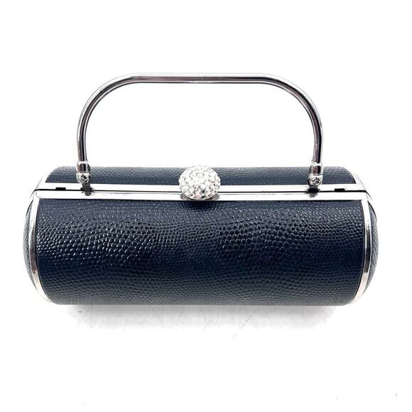 Black & Silver Cylinder Shaped Convertible Clutch Crossbody Small Evening Bag - Picture 5 of 7